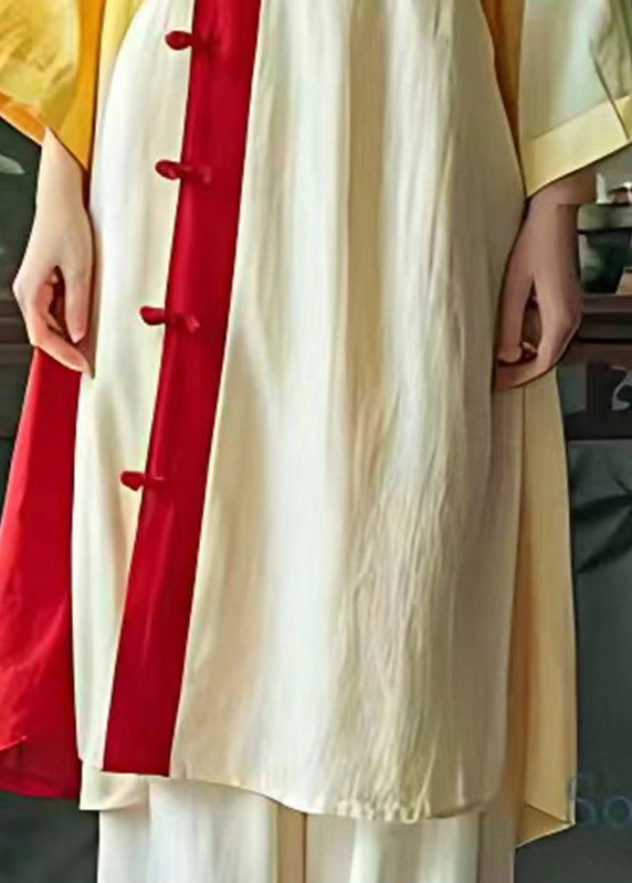 Art Gelb Mandarin Kragen Patchwork Leinen Orientalisches Kleid Sommer