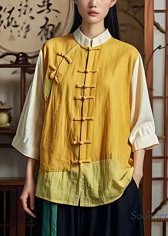 Art Gelb Mandarin Kragen Patchwork Leinen Oriental Shirts Sommer