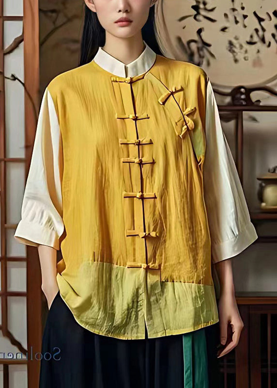 Art Gelb Mandarin Kragen Patchwork Leinen Oriental Shirts Sommer