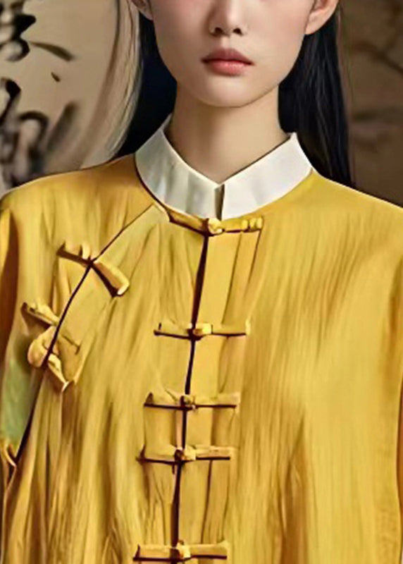 Art Gelb Mandarin Kragen Patchwork Leinen Oriental Shirts Sommer