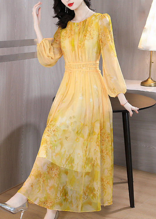 Art Yellow O Neck Print Lace Up Silk Langes Kleid Sommer