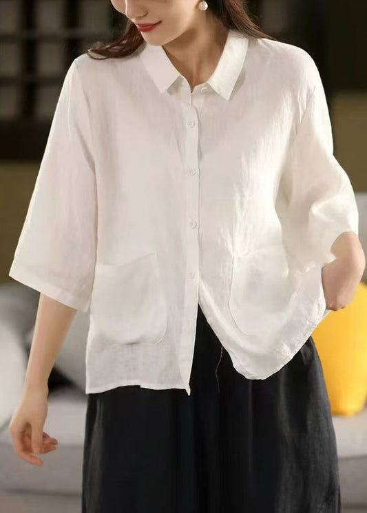 Art Yellow Peter Pan Collar Pockets Linen Blouse Bracelet Sleeve