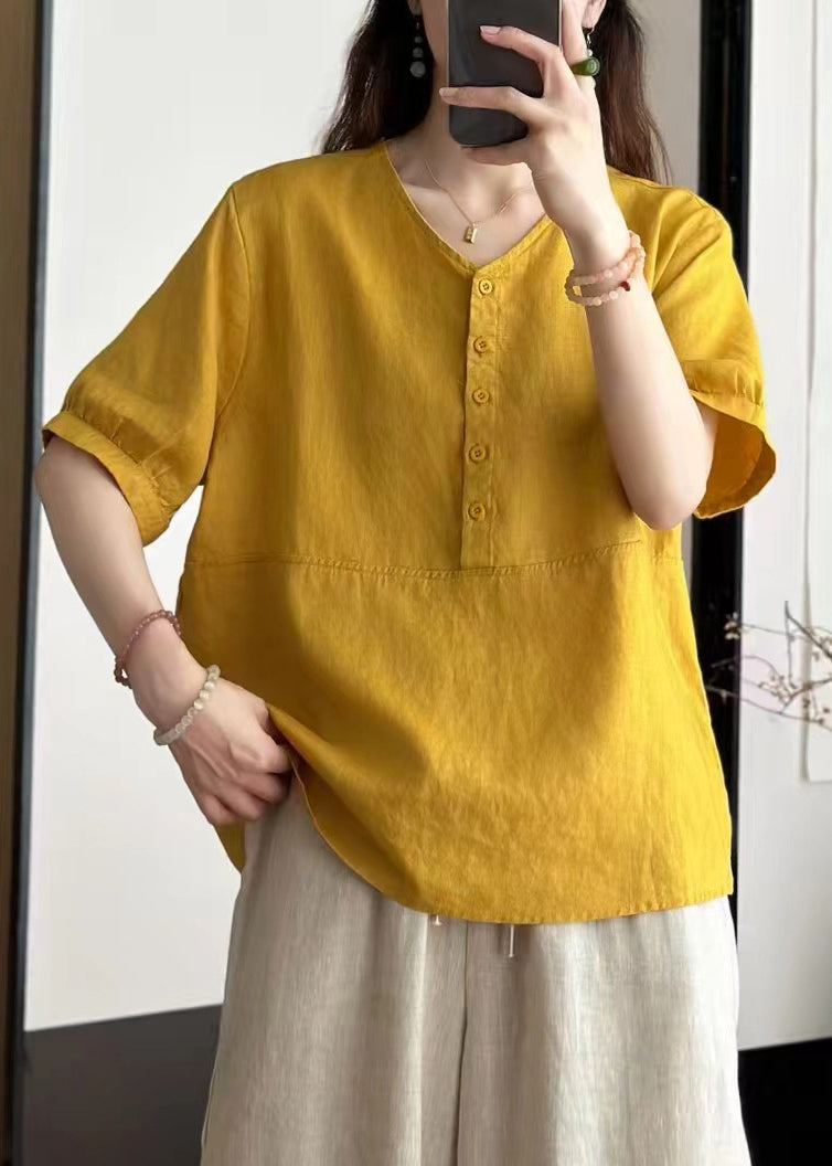 Art Yellow V Neck Button Solid Linen Blouses Summer