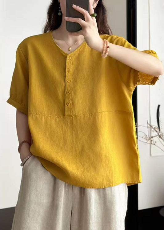 Art Yellow V Neck Button Solid Linen Blouses Summer