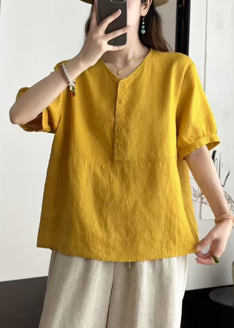 Art Yellow V Neck Button Solid Linen Blouses Summer