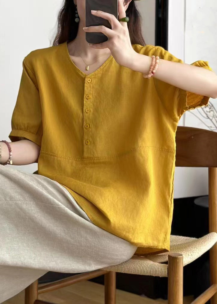 Art Yellow V Neck Button Solid Linen Blouses Summer