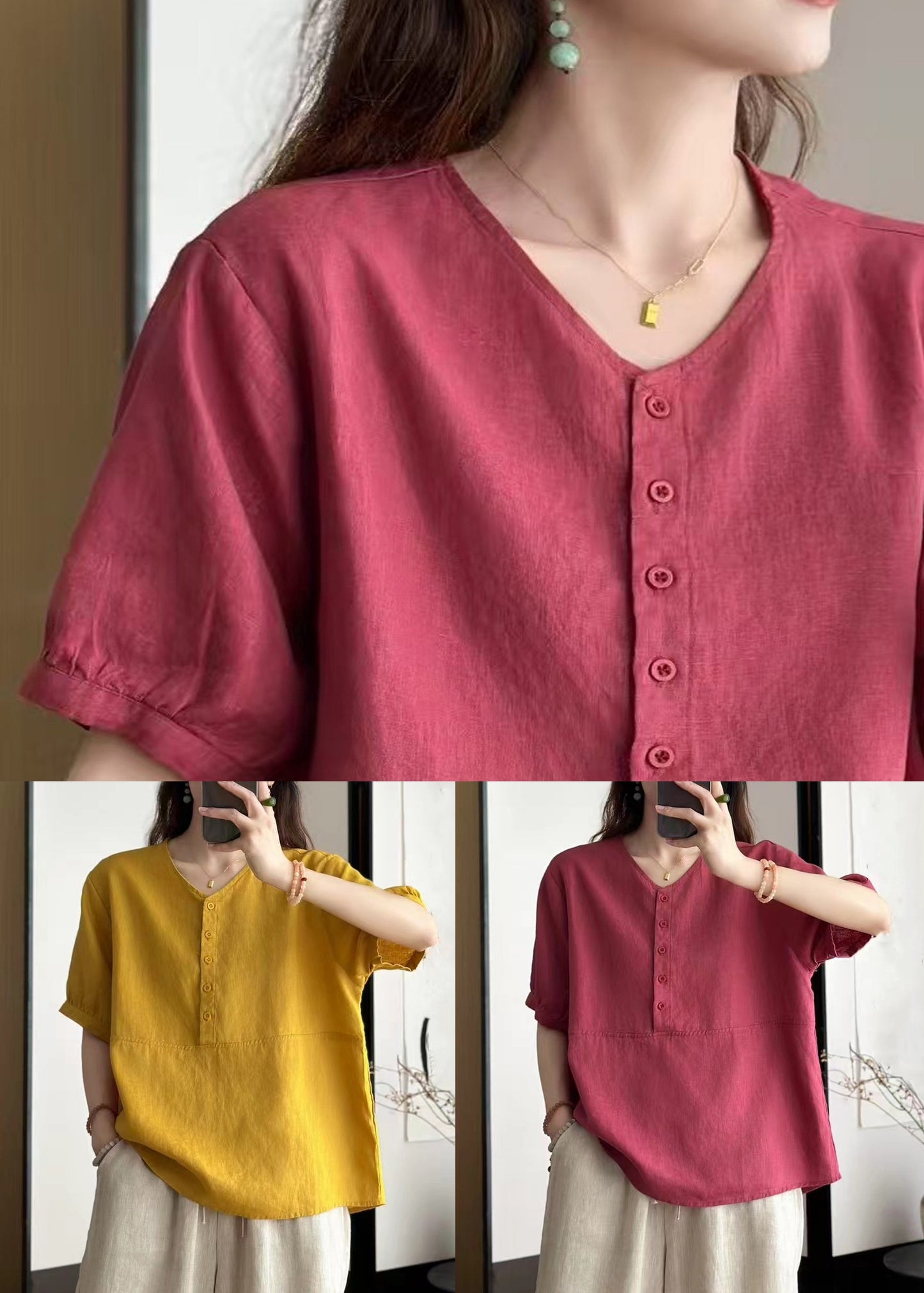 Art Yellow V Neck Button Solid Linen Blouses Summer