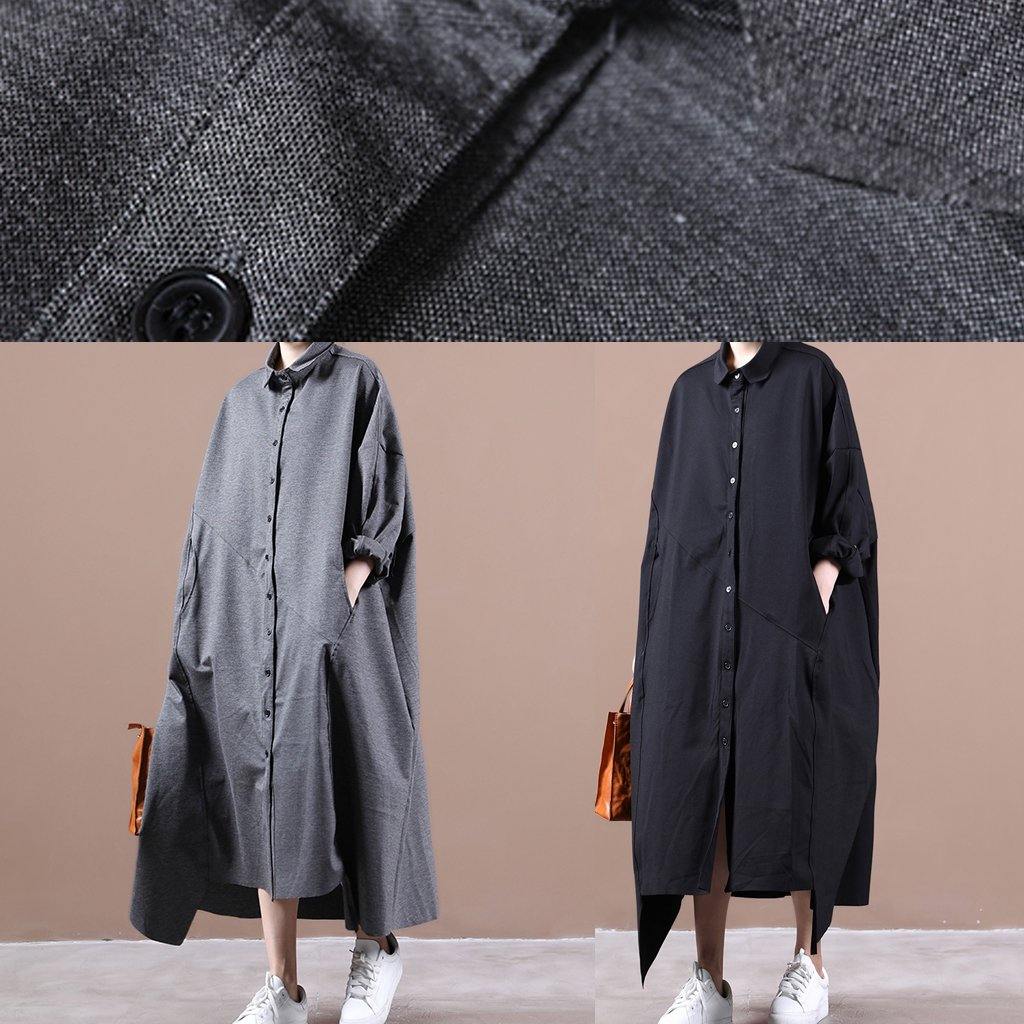 Art lapel asymmetric spring clothes For Women Cotton black Dress - SooLinen