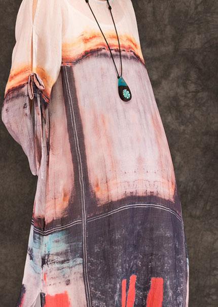 Art multicolor linen clothes For Women o neck side open shift summer Dress - SooLinen