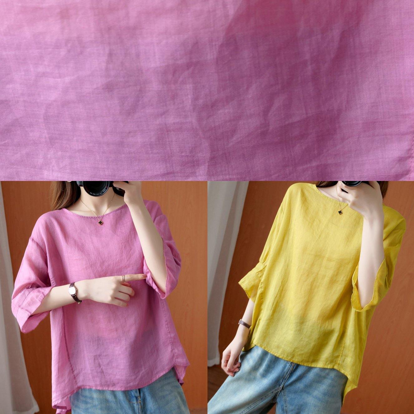 Art o neck Ruffles summer clothes For Women Tunic Tops pink shirts - SooLinen