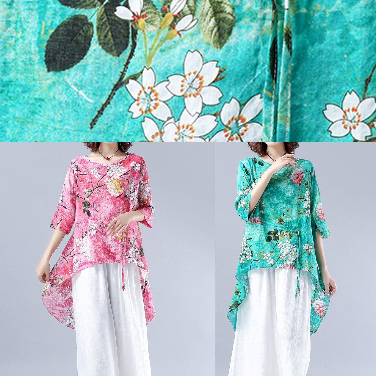 Art o neck asymmetric tunic pattern green Plant printing Dresses blouses - SooLinen