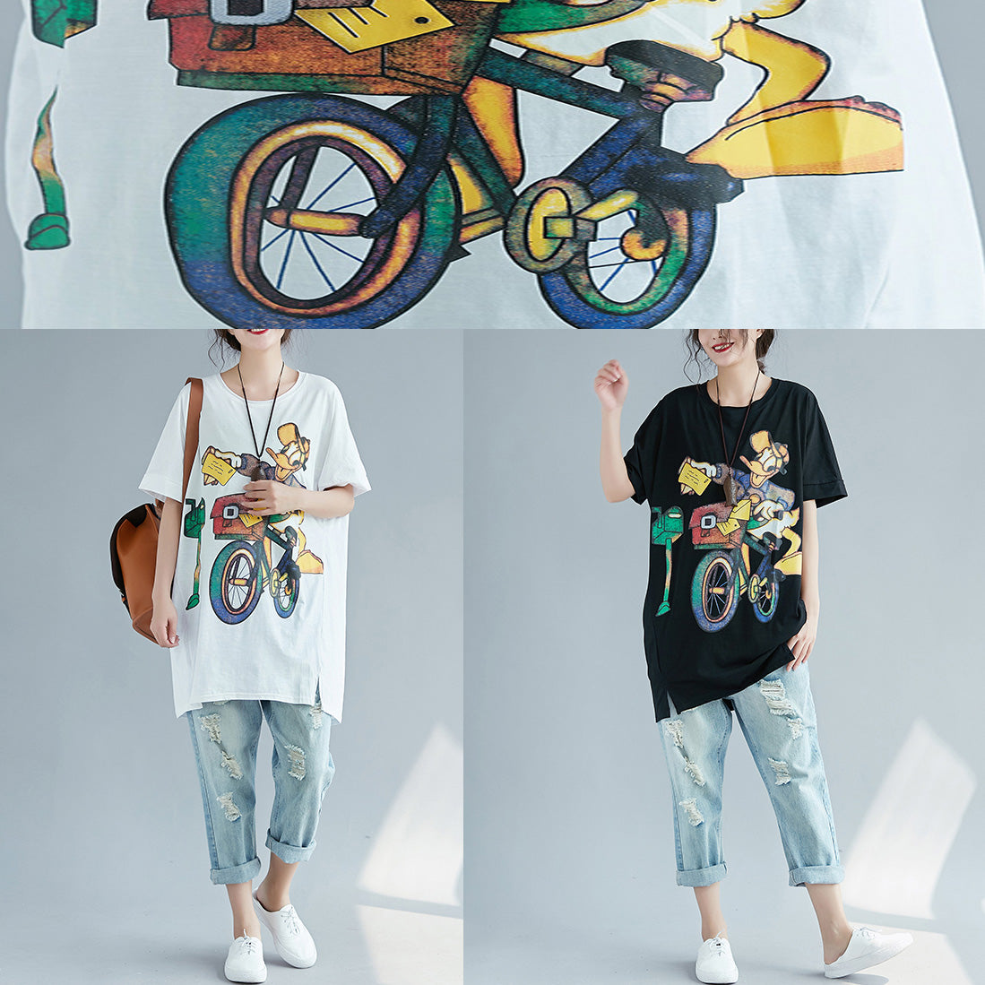 Art O-Ausschnitt Baumwolltops Damen feines Design schwarzer Print Baggy Tops