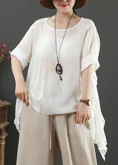 Art o neck half sleeve linen blouses for women white shirts - SooLinen