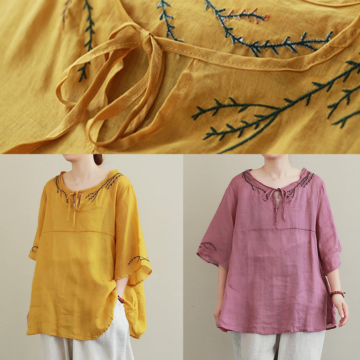 Art o neck linen Blouse Wardrobes yellow embroidery tops - SooLinen