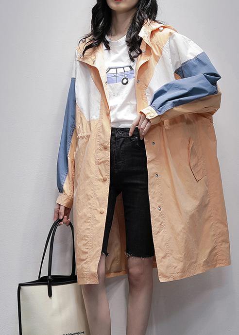 Art orange Plus Size coats women blouses Fabrics hooded zippered patchwork outwears - SooLinen