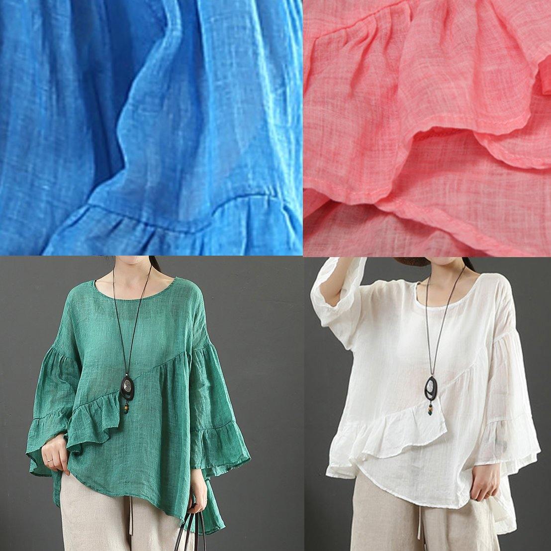 Art pink linen tops o neck Ruffles silhouette summer blouses - SooLinen