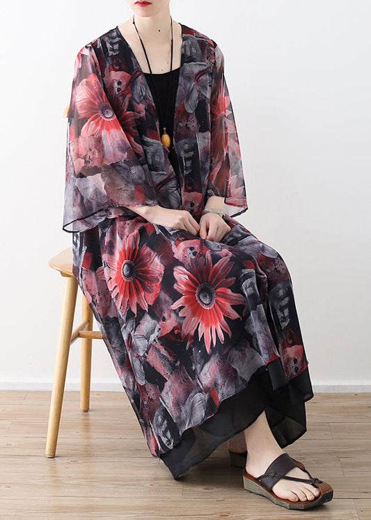Kunst rot bedruckter Chiffonmantel Robe Sommerkleider Strickjacke