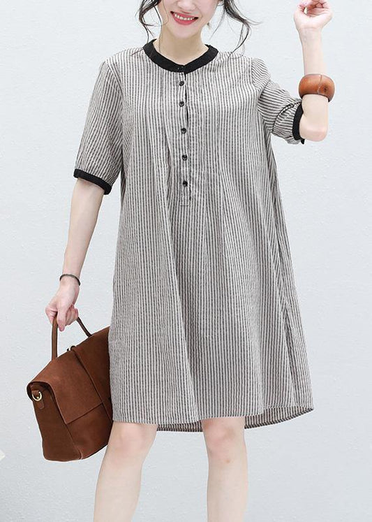 Art striped linen clothes short sleeve Plus Size summer Dresses - SooLinen