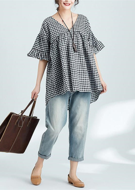 Art V-Ausschnitt Schmetterlingsärmel Leinen Tops Damen Indian Work schwarz kariert Alltags Tops