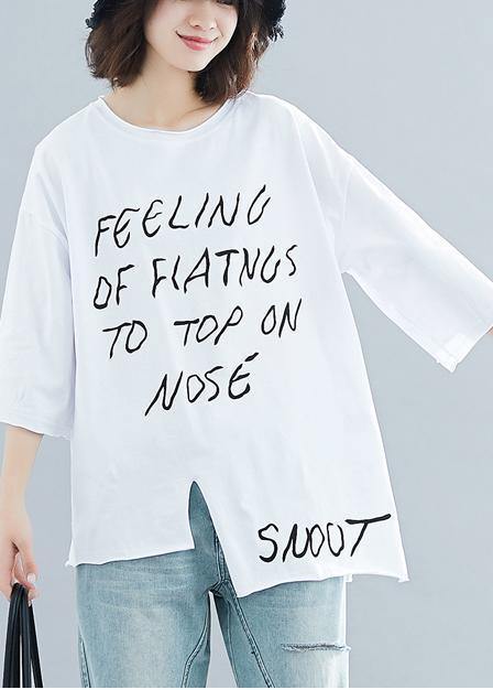 Art white Letter cotton box top o neck half sleeve cotton top - SooLinen
