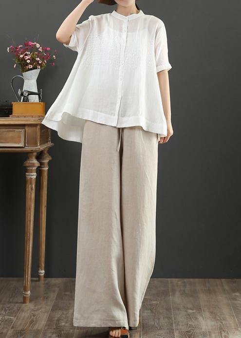 Art white embroidery linen top for women stand collar Midi summer top - SooLinen
