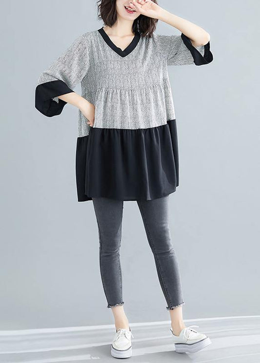 Art white striped chiffon dresses boutique Life patchwork flare sleeve Art Summer Dresses - SooLinen