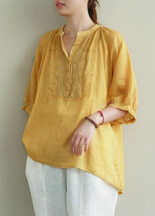 Art yellow embroidery linen tunic top v neck Button Down silhouette summer blouses - SooLinen