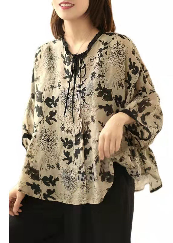 Art Beige Print Asymmetrisches Top Baumwolle Leinen V-Ausschnitt