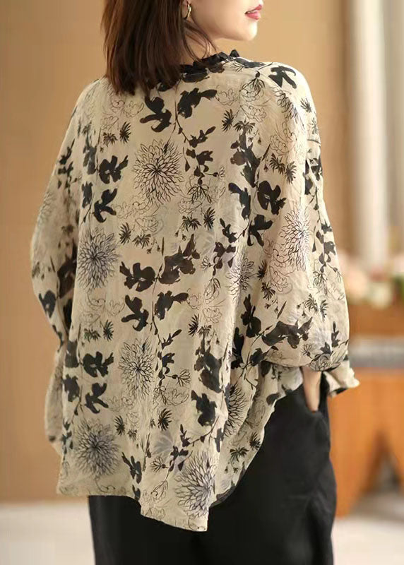 Art Beige Print Asymmetrisches Top Baumwolle Leinen V-Ausschnitt