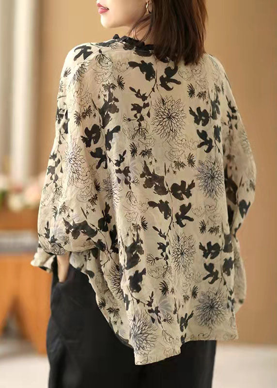 Art Beige Print Asymmetrisches Top Baumwolle Leinen V-Ausschnitt