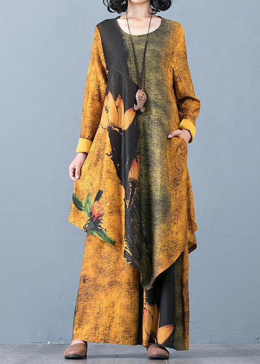Autumn Knitted Yellow Print Irregular Medium Long Top Loose Wide Leg Pants Two Piece Set - SooLinen