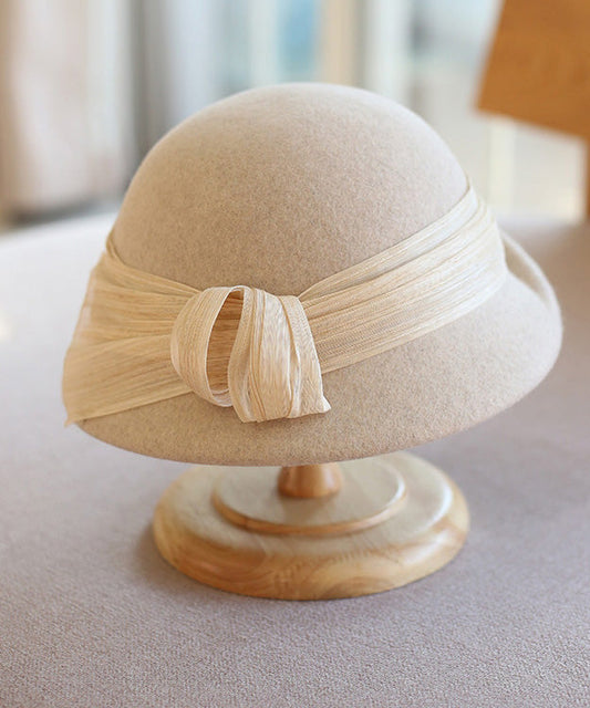 Autumn Winter Camel Silk And Linen Decorated Wool Bucket Hat