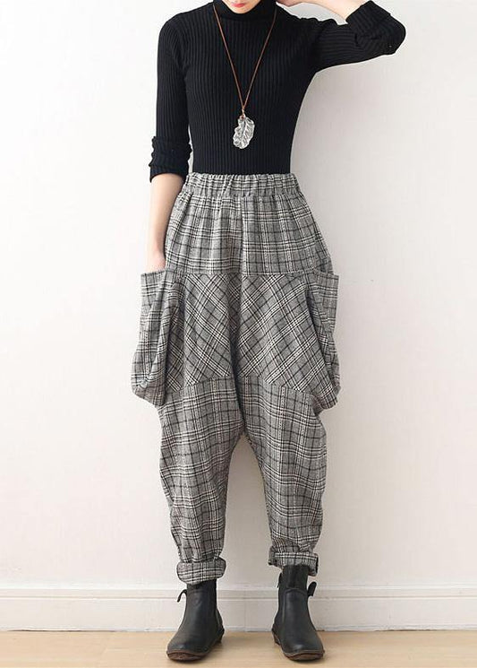 Autumn new retro thick large size warm knitted gray plaid harem bloomers - SooLinen