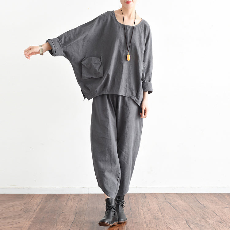 Herbst-Outfits grau stilvolle Leinen Tops und lässige Leinen Hosen zwei Stücke Leinen
