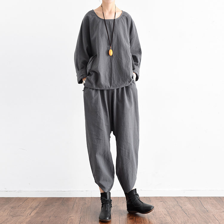Herbst-Outfits grau stilvolle Leinen Tops und lässige Leinen Hosen zwei Stücke Leinen