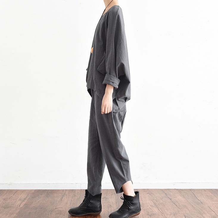 Herbst-Outfits grau stilvolle Leinen Tops und lässige Leinen Hosen zwei Stücke Leinen