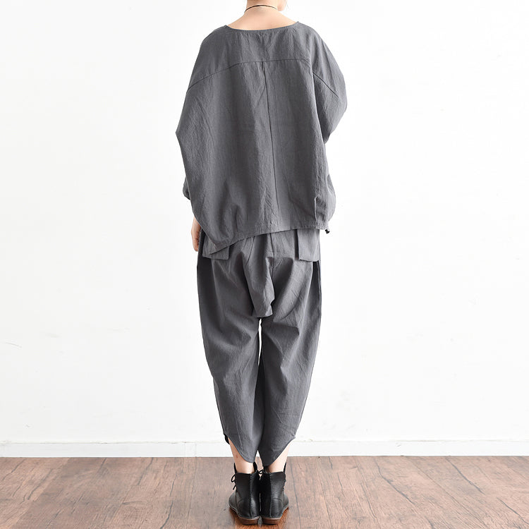Herbst-Outfits grau stilvolle Leinen Tops und lässige Leinen Hosen zwei Stücke Leinen