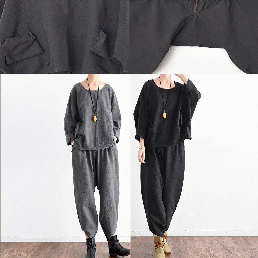 Herbst-Outfits grau stilvolle Leinen Tops und lässige Leinen Hosen zwei Stücke Leinen