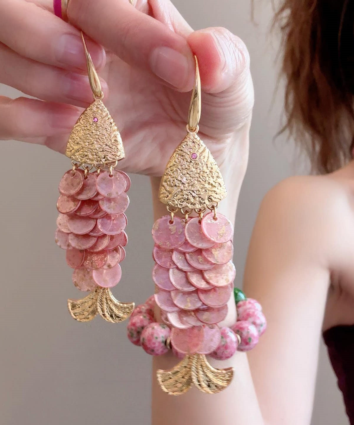 Beach Pink Alloy Fish Scales Tassel Drop Earrings