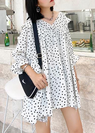 Beach white dotted chiffon clothes plus size Sleeve v neck Ruffles Love tops - SooLinen