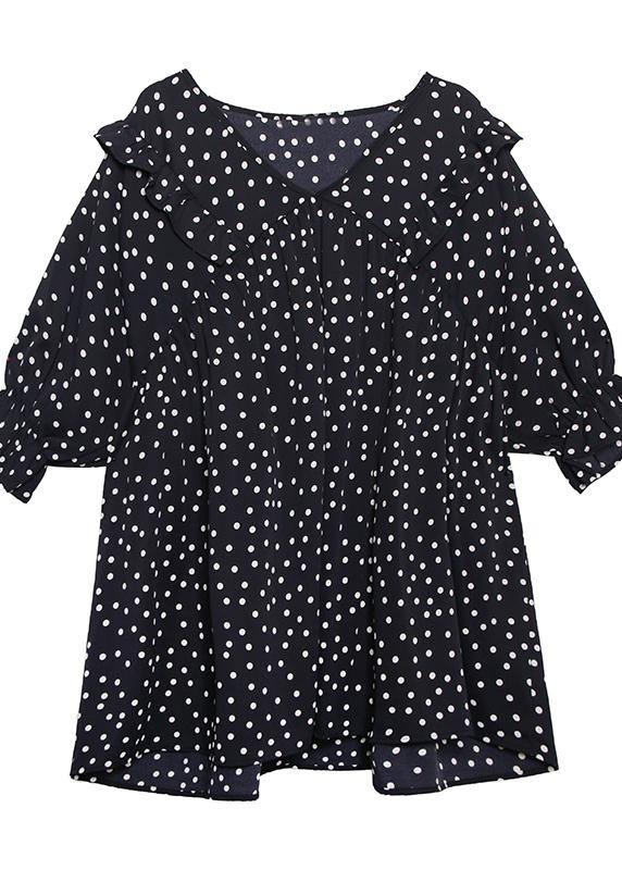 Beach white dotted chiffon clothes plus size Sleeve v neck Ruffles Love tops - SooLinen