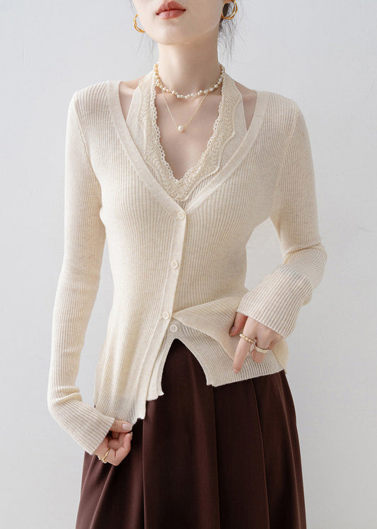Beautiful Apricot V Neck Lace Patchwork Knit Sweater Spring