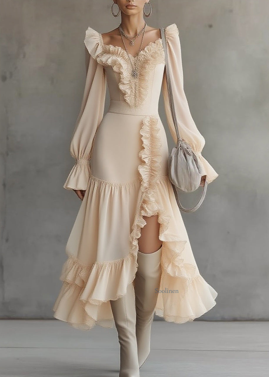 Beautiful Asymmetrical Ruffled Patchwork Solid Vacation Maxi Dresses Spring