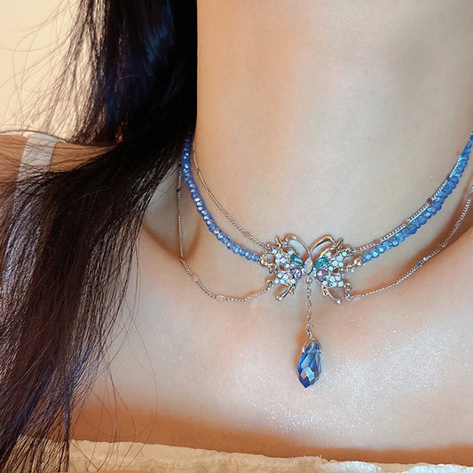 Hermoso collar con colgante de borla con forma de mariposa y gota de agua de cristal de circonita de cobre azul bebé