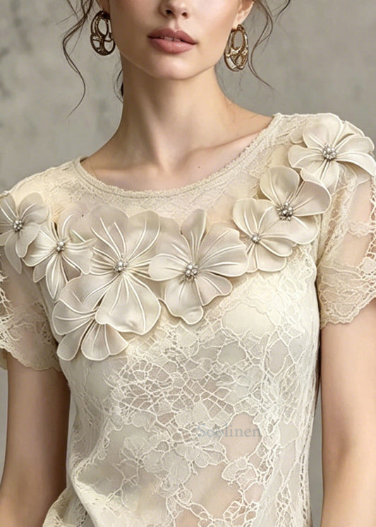 Beautiful Beige Floral Hollow Out Lace Shirts Summer
