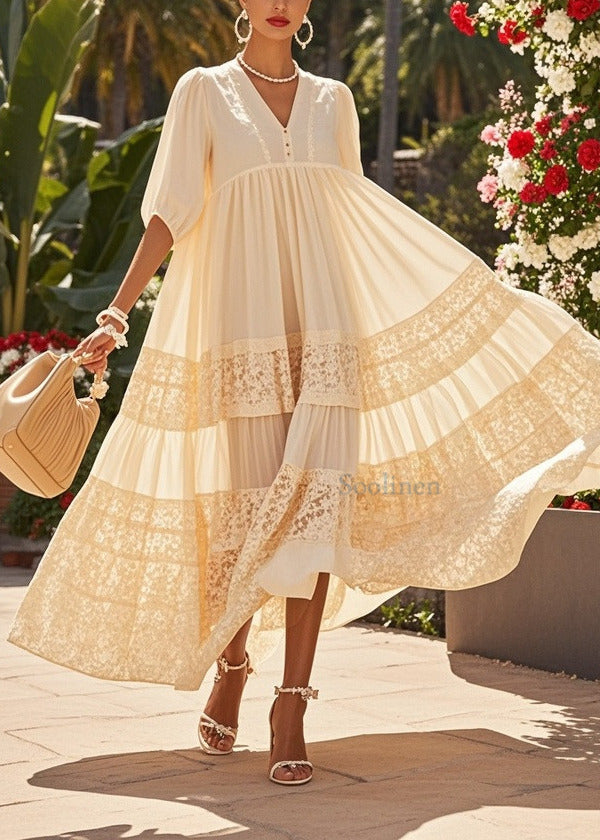Beautiful Beige Oversized Patchwork Lace Holiday Dresses Summer