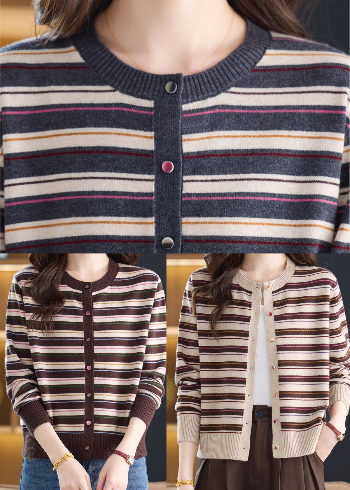 Beautiful Beige Striped Silm Fit Knit Cardigans Fall