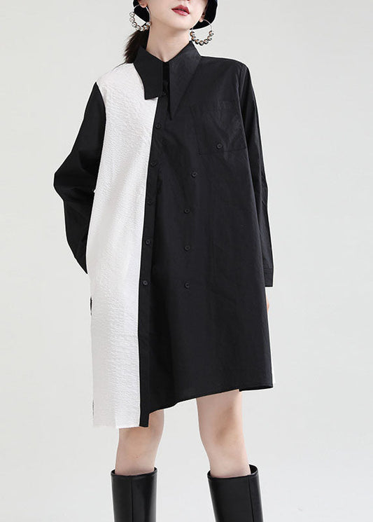 Schöne Schwarze Asymmetrische Design Patchwork Herbst Kleider Langarm