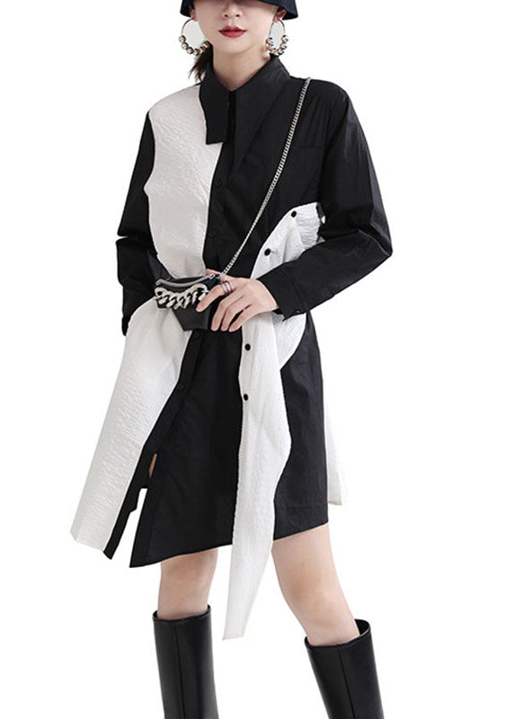 Schöne Schwarze Asymmetrische Design Patchwork Herbst Kleider Langarm