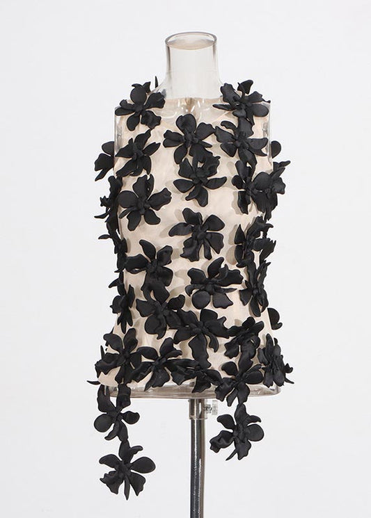 Beautiful Black Floral Decorated Tulle Tops Sleeveless